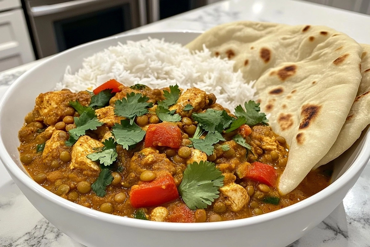 A comforting bowl of chicken lentil curry with vibrant spices, topped with fresh cilantro, served with naan and rice.