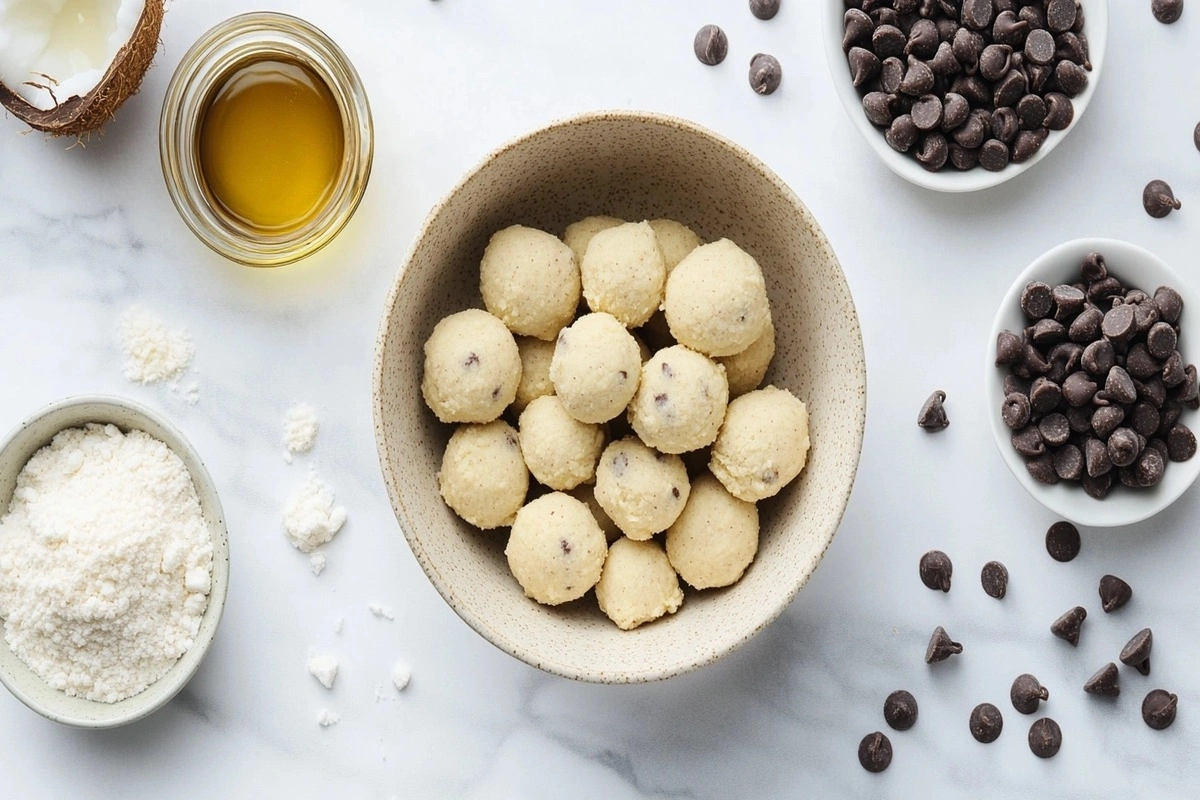 Bowl of keto cookie dough balls with ingredients around it on a marble countertop