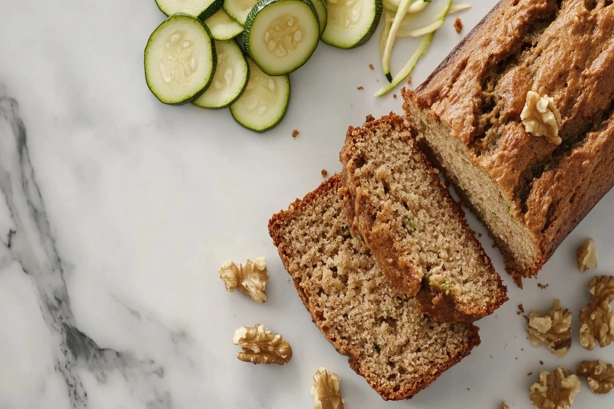 Sliced keto zucchini bread on marble countertop