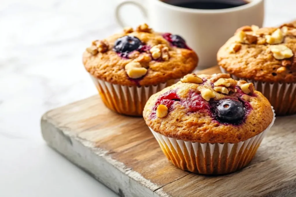 A batch of golden brown protein muffins with nuts and berries on a wooden board.