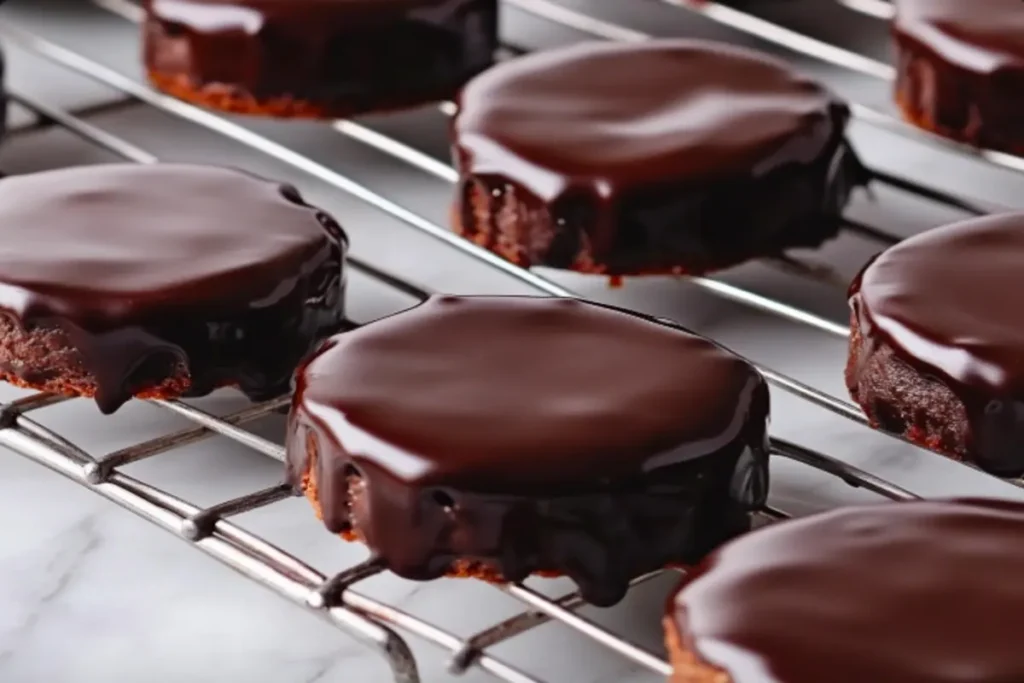 Freshly coated Jaffa cakes resting on a wire rack, their glossy dark chocolate shells glistening under warm lighting as they set.