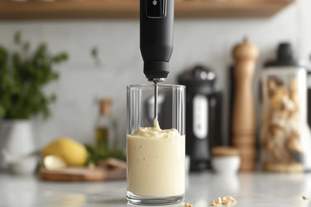 Immersion blender mixing mayonnaise in a jar