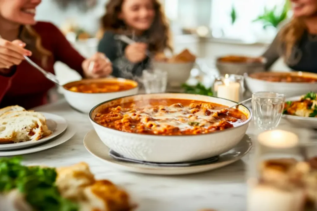 A family enjoying lasagna soup together at the dinner table.