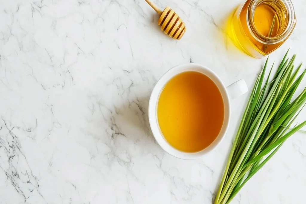 Brewed lemongrass tea with honey on a white marble kitchen counter