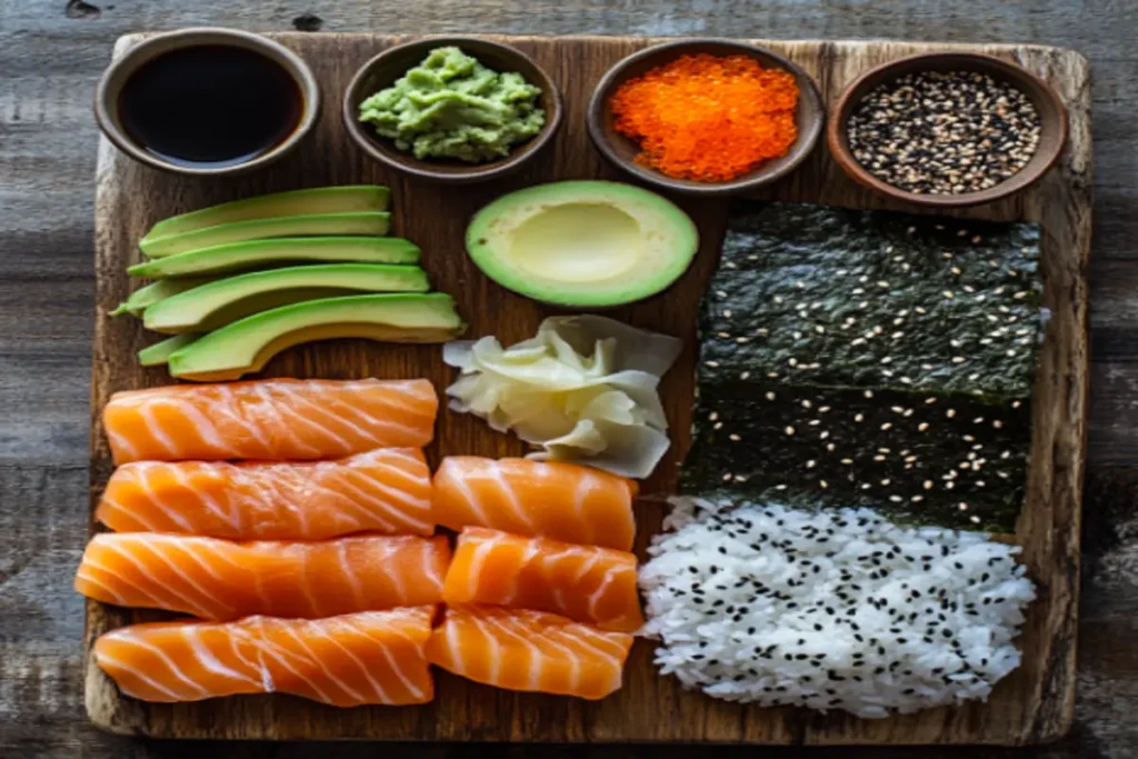 A flat-lay of sushi cake ingredients, including sushi rice, salmon, avocado, cucumber, nori sheets, sesame seeds, and garnishes, arranged on a bamboo board.