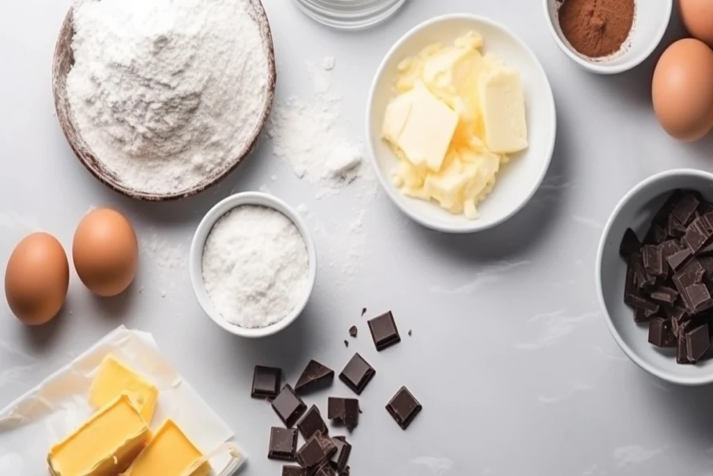 Ingredients for coconut chocolate chip cookies on a marble countertop