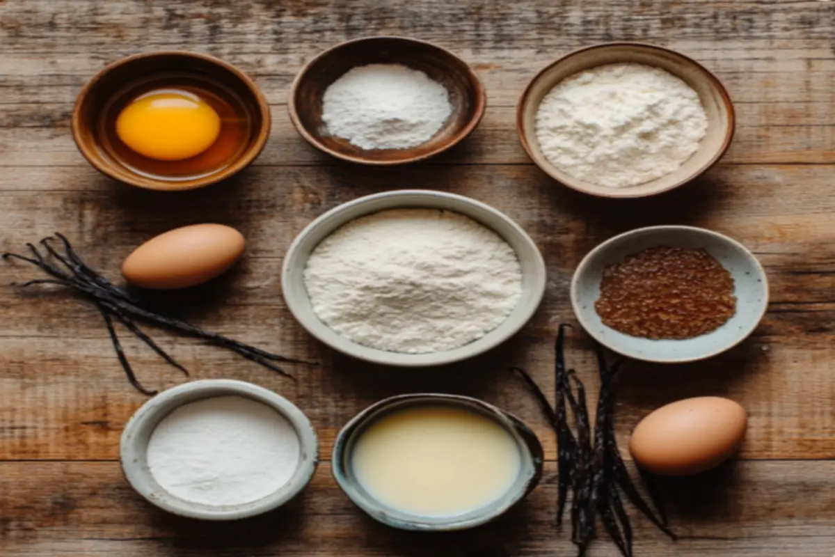 A flat-lay of baking ingredients for crème brûlée cookies, including flour, sugar, eggs, heavy cream, vanilla beans, and a kitchen torch on a rustic wooden surface.