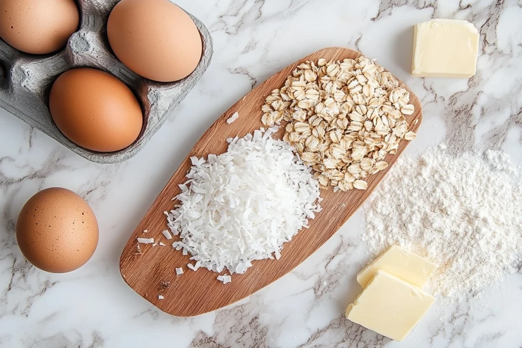 Rolled oats, shredded coconut, eggs, butter, flour, and sugar arranged on marble.