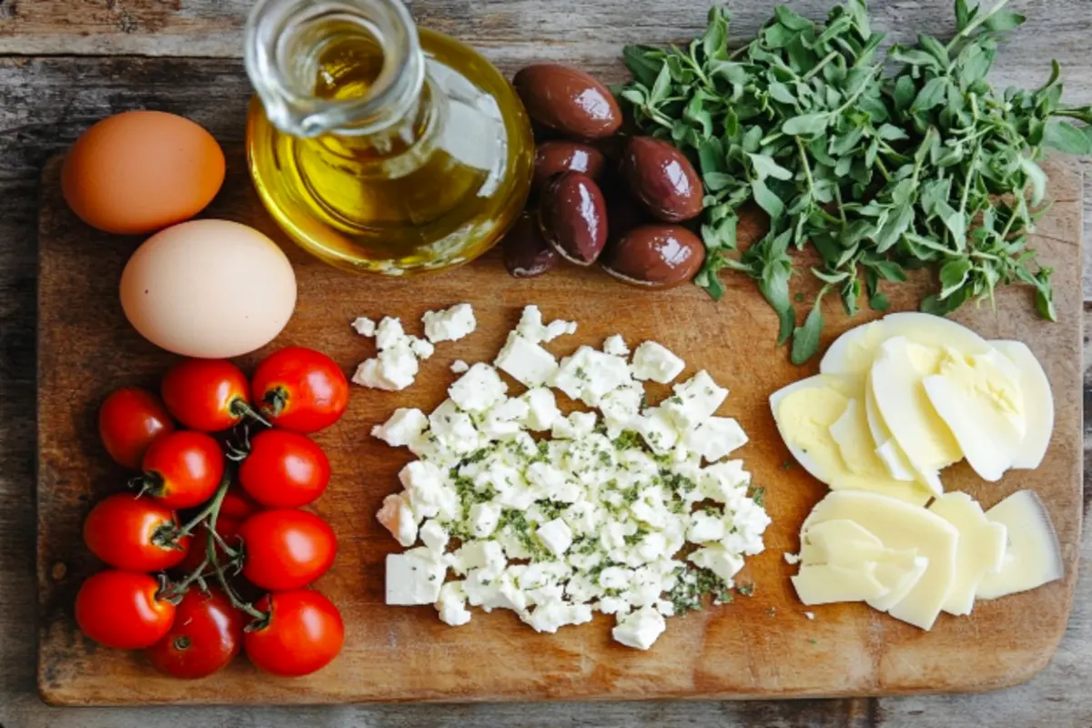  Fresh ingredients including eggs, feta cheese, tomatoes, olives, and herbs arranged on a wooden cutting board.