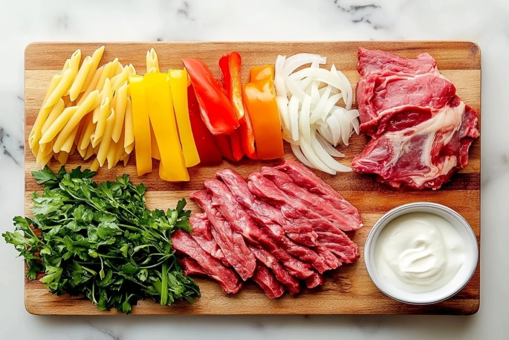 A flat lay of fresh ingredients for Philly cheesesteak pasta, including beef, peppers, onions, and cheese.