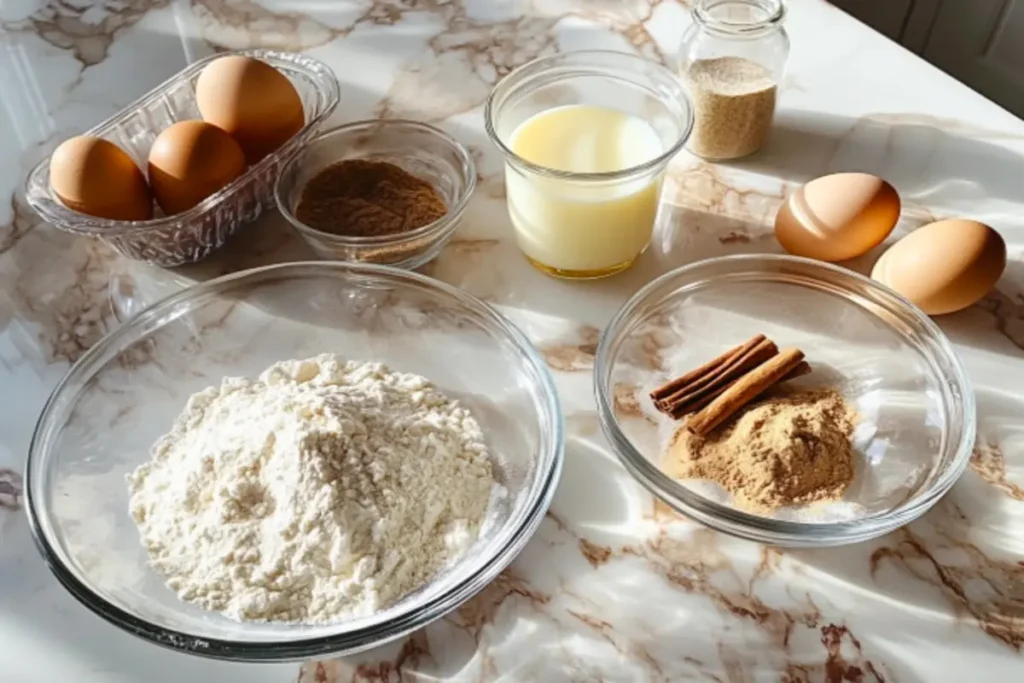 A collection of ingredients including eggs, milk, cinnamon, and a sourdough loaf arranged on a marble countertop.