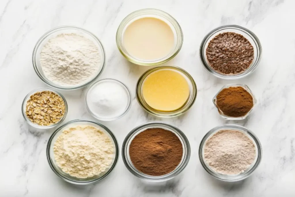 A top-down view of essential vegan pound cake ingredients: flour, sugar, vegan butter, almond milk, flaxseeds, applesauce, and vanilla extract.