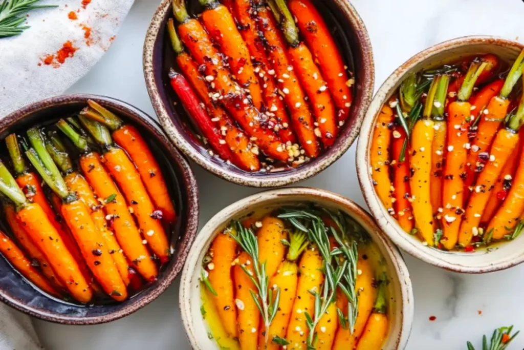 Four variations of maple glazed carrots in separate bowls.