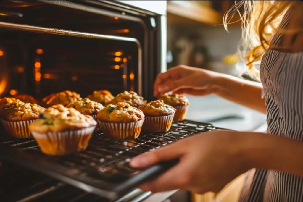 A baker checking muffins in a cozy kitchen.