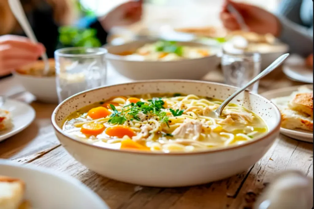 A family sharing bowls of gluten-free chicken noodle soup around a dining table.