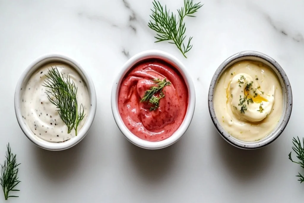 Three flavored keto mayo bowls on marble