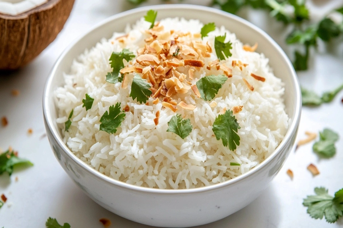 A bowl of coconut jasmine rice garnished with coconut flakes and cilantro