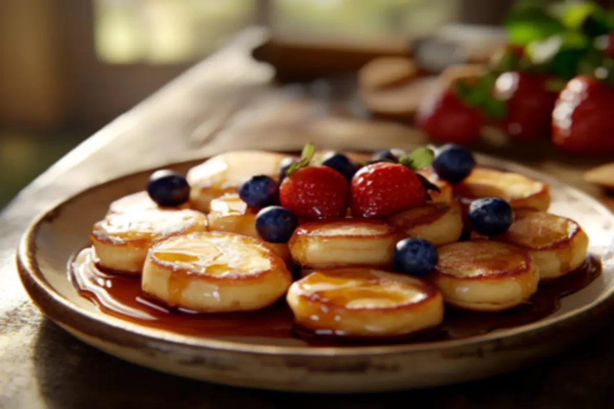 A stack of golden mini pancakes topped with fresh berries and drizzled with maple syrup, served on a rustic breakfast table.