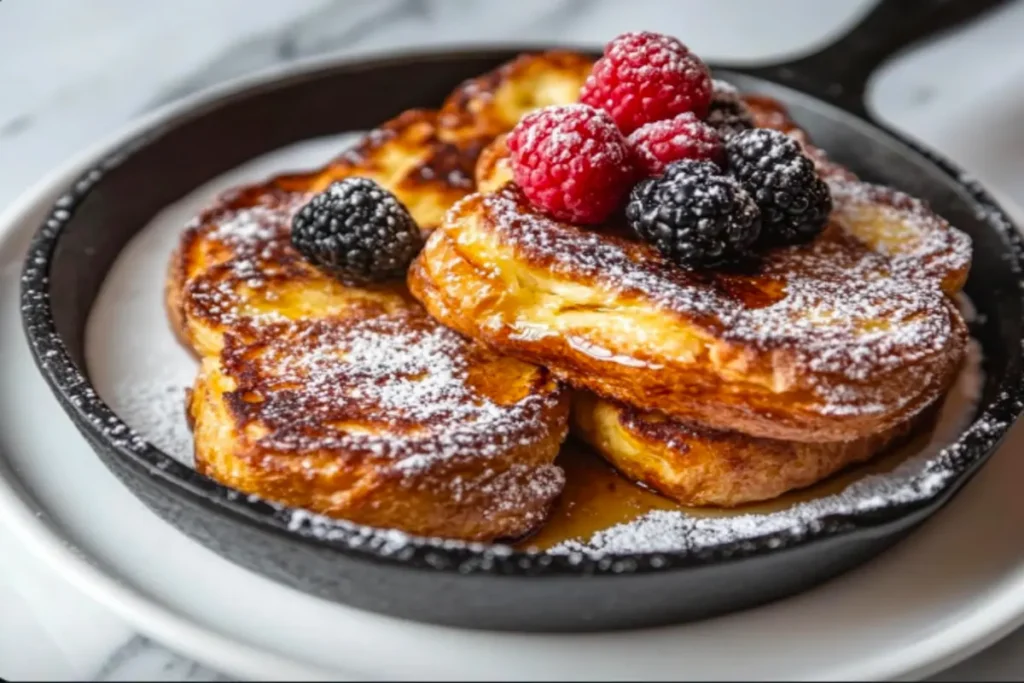 Rectangular croissant French toast with powdered sugar and maple syrup.