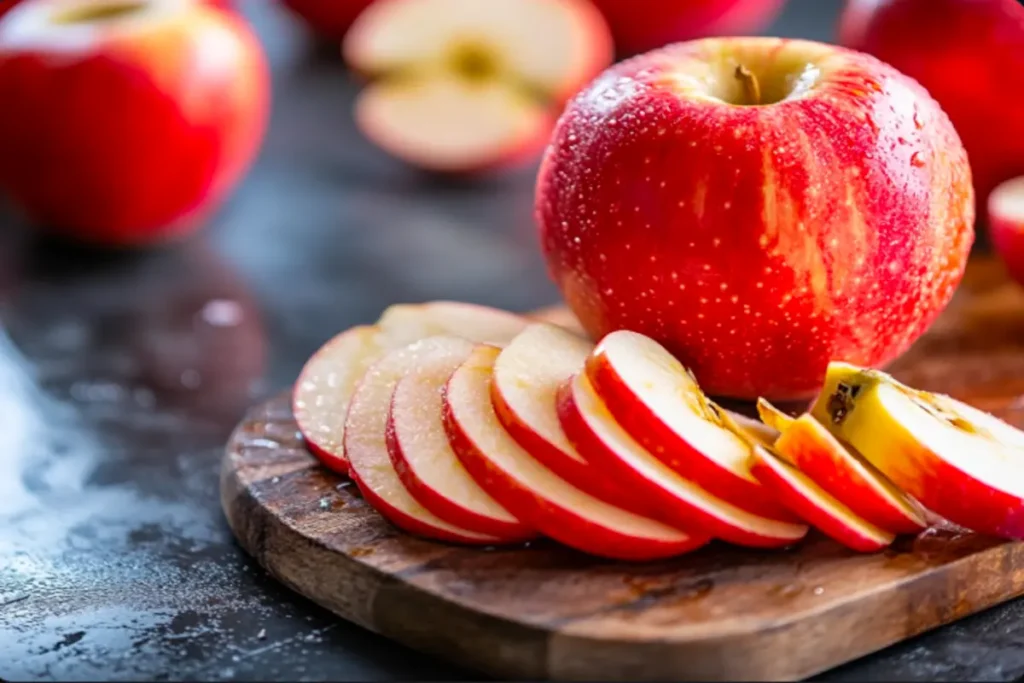 Sliced red apple pieces on a cutting board, ready for juicing.