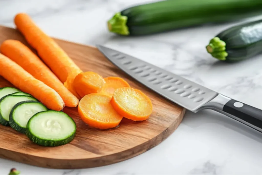 Fresh carrots and zucchini on a wooden cutting board, ready for preparation.