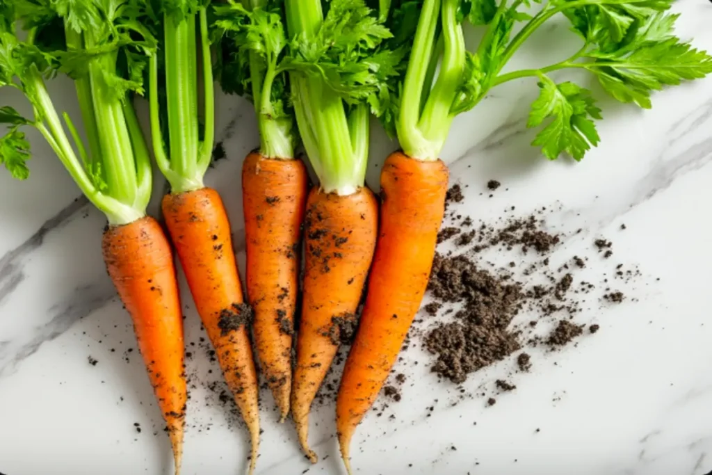 Freshly harvested carrots and celery on a countertop