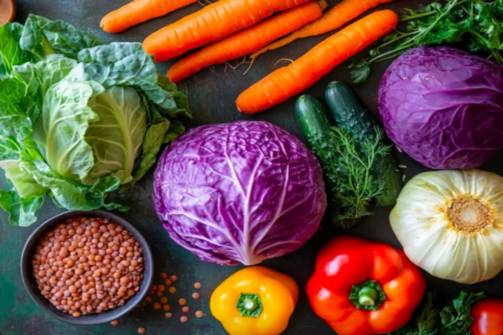 Fresh cabbage, lentils, carrots, garlic, and herbs arranged on a wooden cutting board.