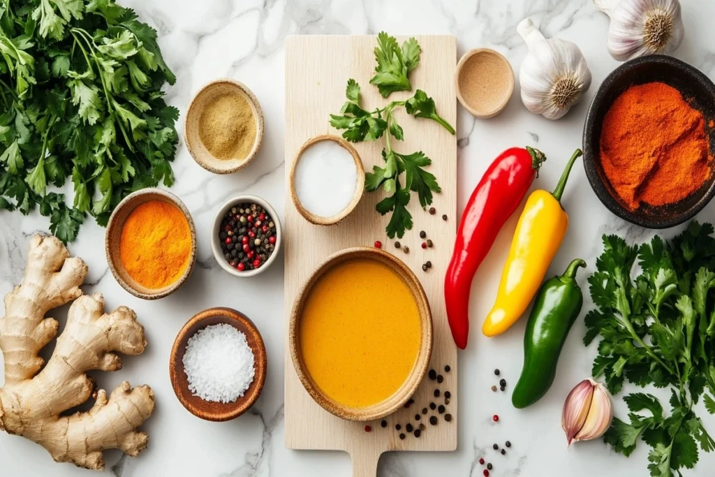 Ingredients for coconut curry chicken soup laid out on a wooden cutting board.