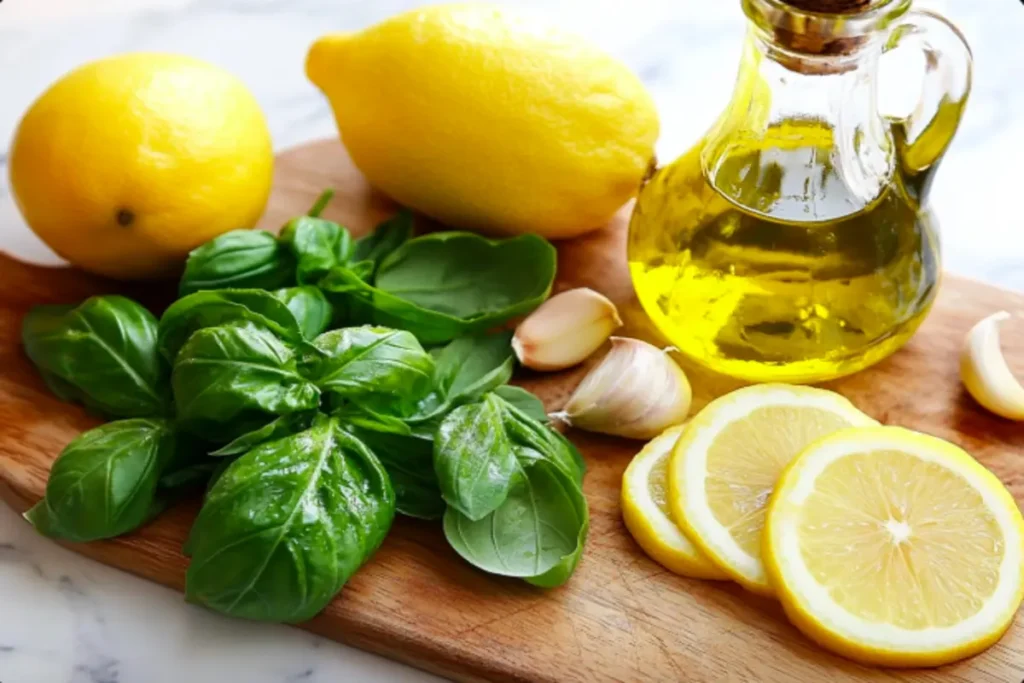 Fresh basil leaves, lemons, garlic, and olive oil on a wooden board.