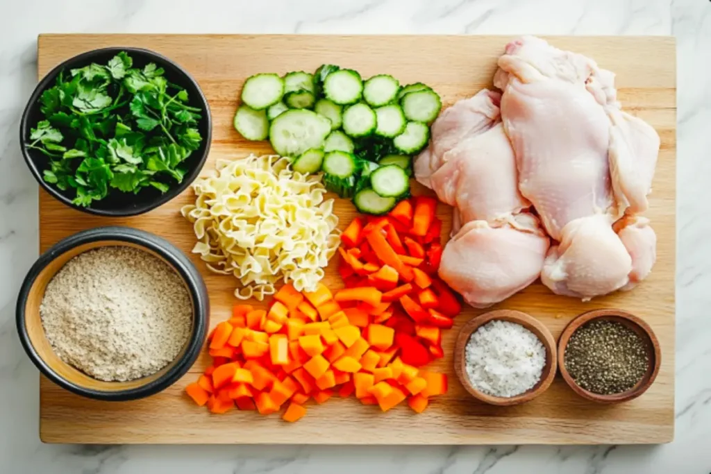 Fresh ingredients for gluten-free chicken noodle soup, including chicken, vegetables, and noodles.