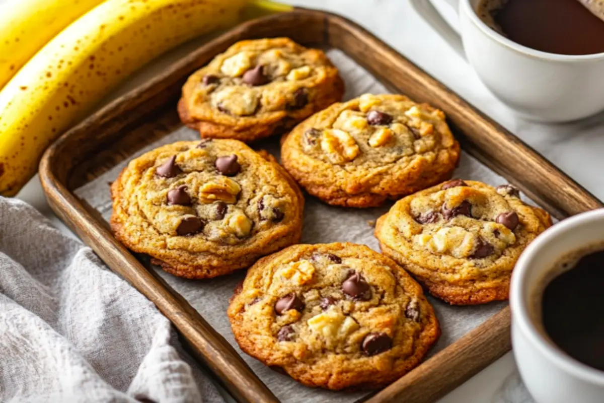 A close-up of freshly baked banana bread cookies with chocolate chips on a wire cooling rack.