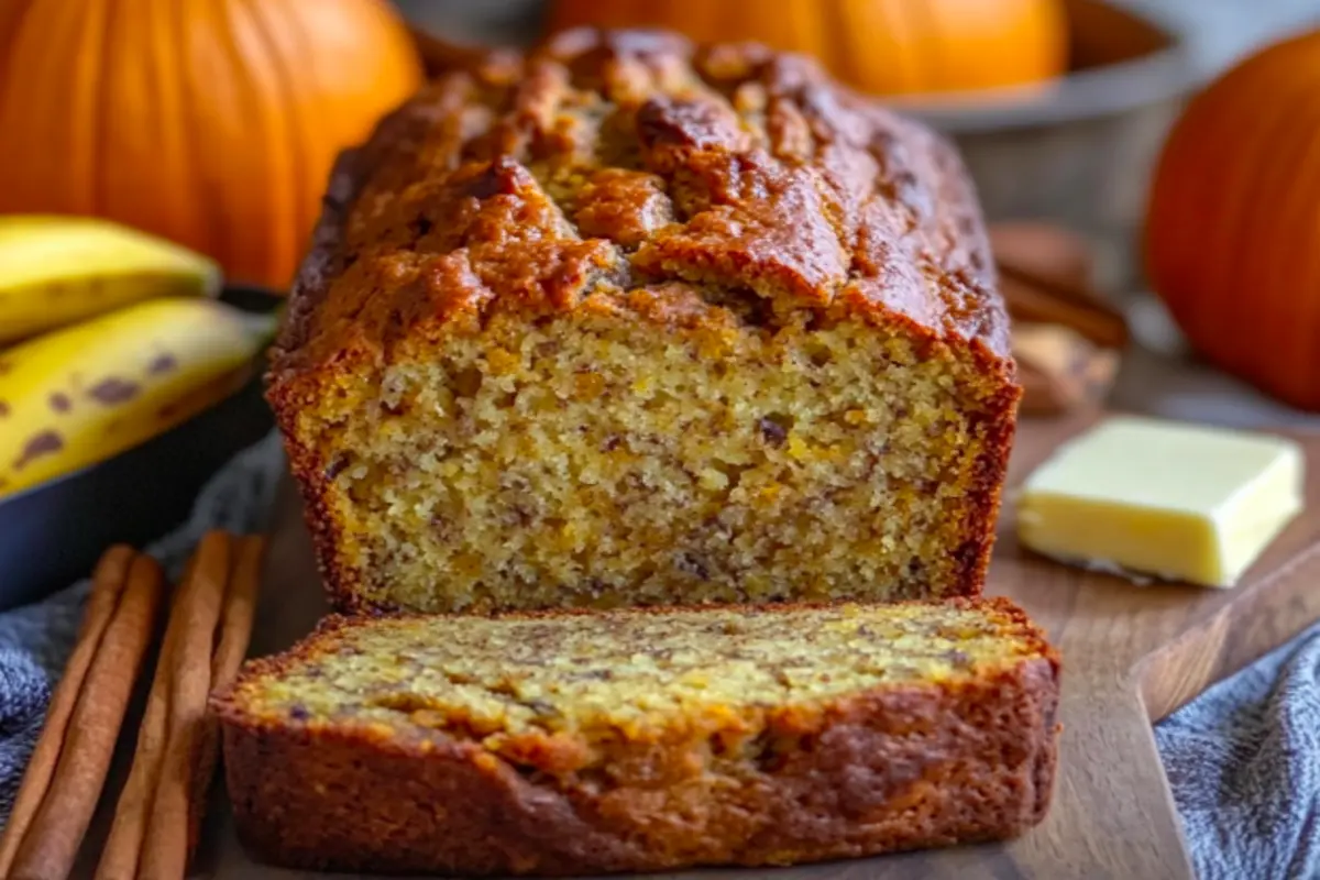 A whisk lifting a smooth banana pumpkin batter with cinnamon swirls.