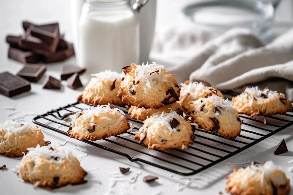 Warm coconut chocolate chip cookies on a cooling rack