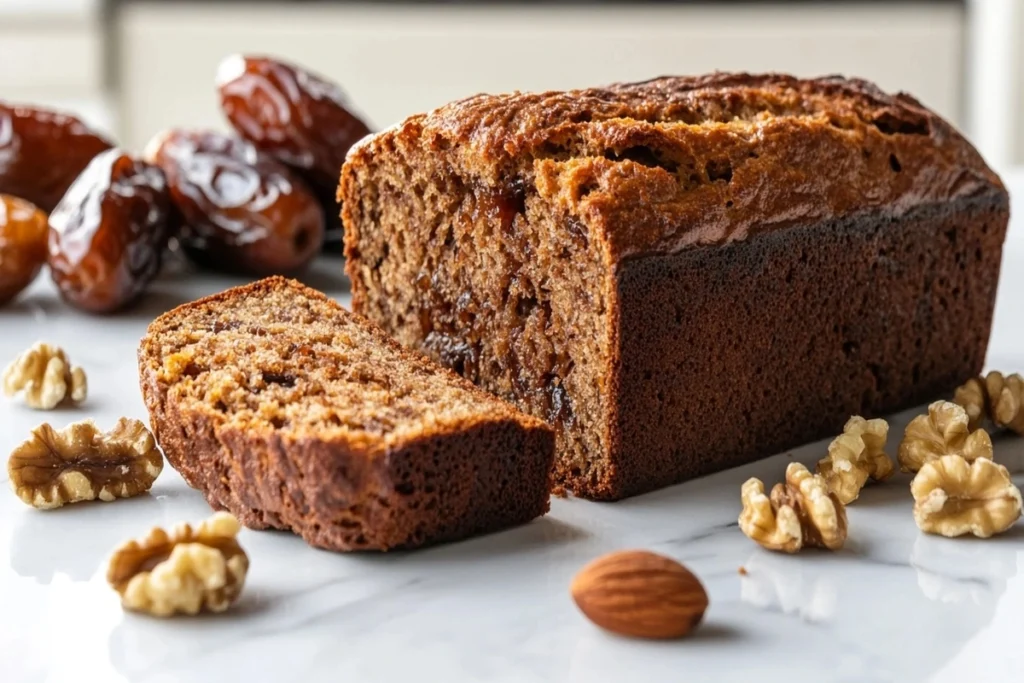 A sliced loaf of date nut bread with walnuts and dates on a white marble kitchen counter