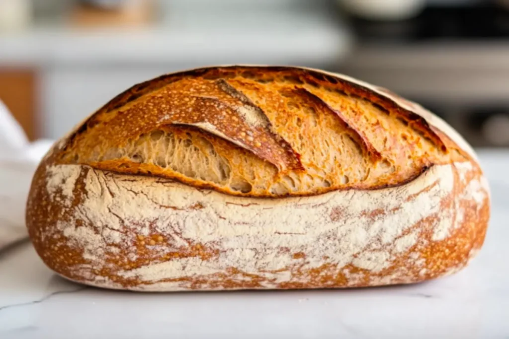 A close-up of a golden, crusty gluten-free sourdough loaf. 