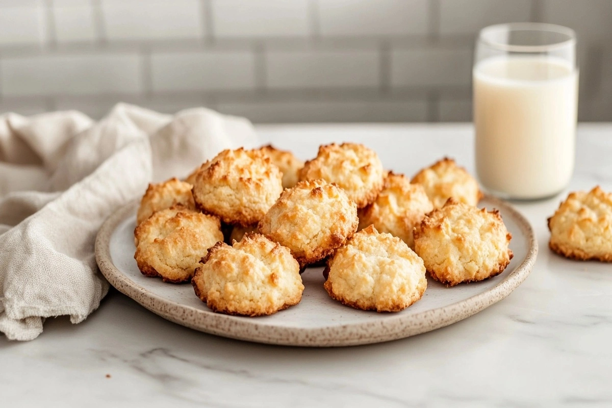 A plate of keto cookies with a crispy golden exterior on a white marble kitchen counter