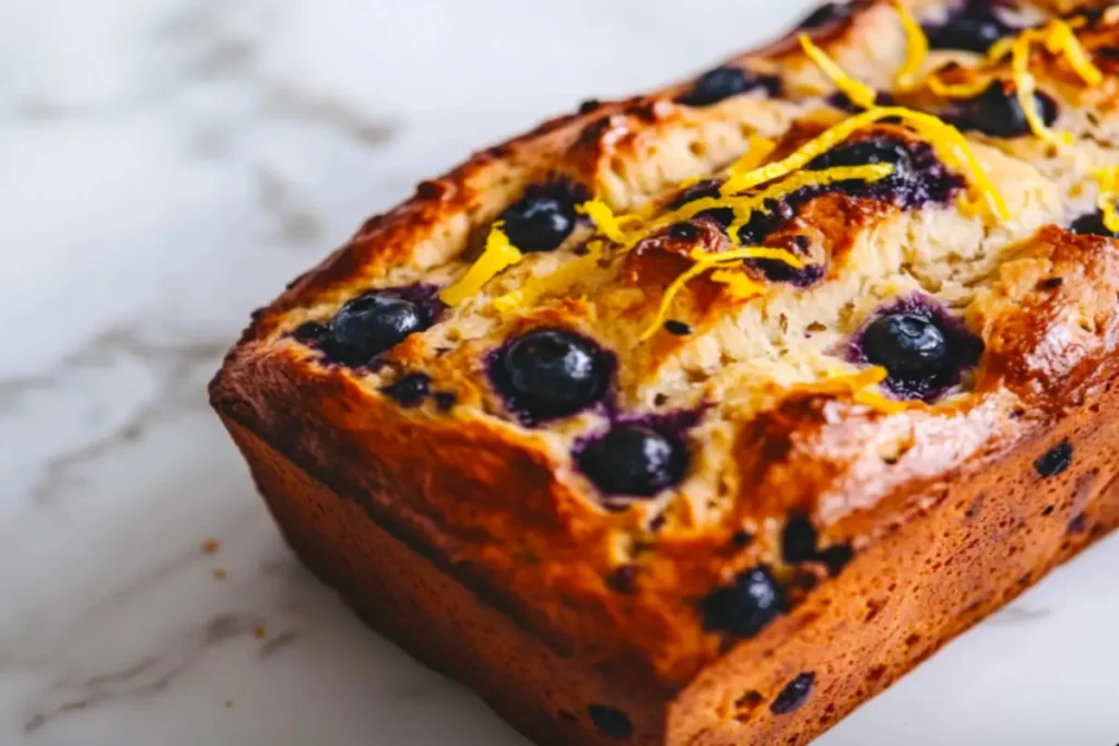 A close-up of a golden-brown lemon blueberry bread with blueberries and lemon zest on a wooden surface.