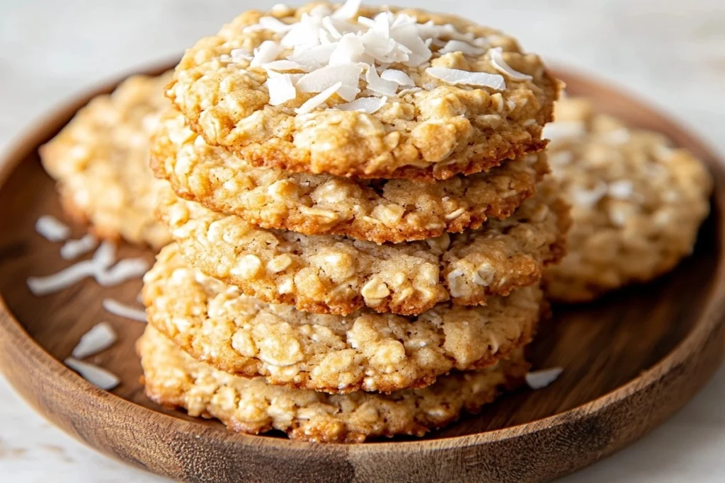 Close-up of stacked oatmeal coconut cookies on a wooden plate