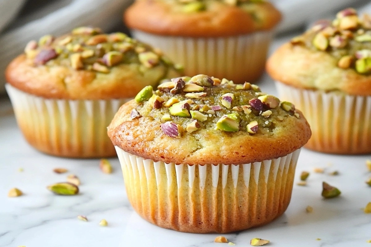 Freshly baked pistachio muffins topped with chopped nuts on a marble countertop