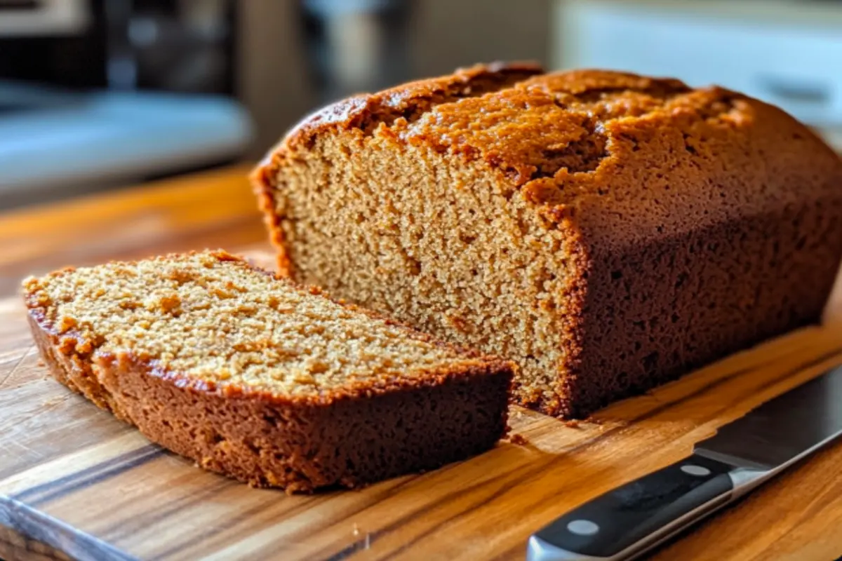 A golden-brown vegan pound cake on a wooden cutting board, freshly sliced to reveal its soft, moist interior.