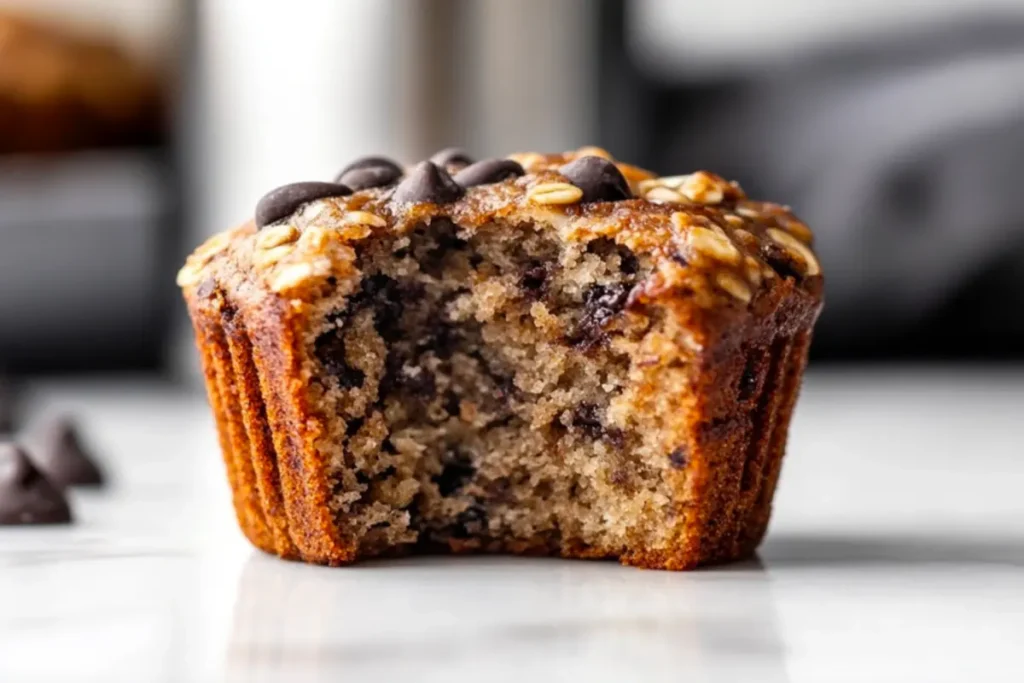 A person holding a protein muffin with a bite taken out, revealing a moist and fluffy texture.