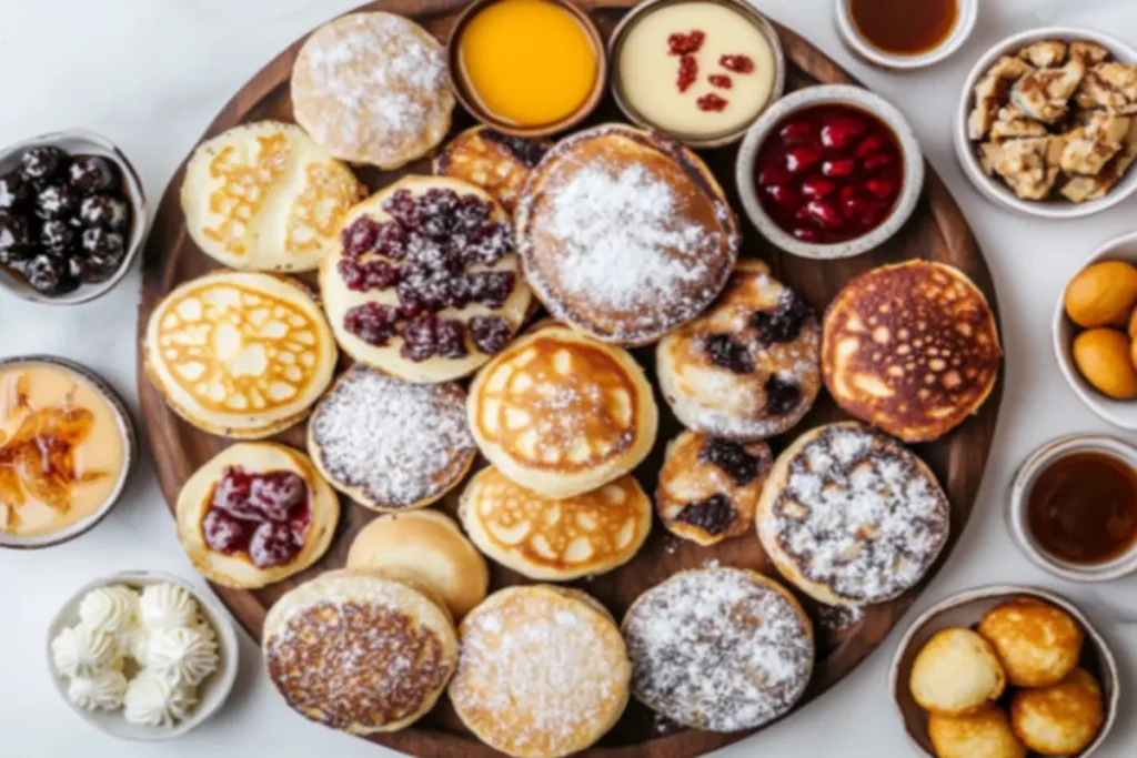 A variety of international mini pancakes, including Dutch poffertjes, Japanese dorayaki, and American silver dollar pancakes, arranged on a wooden serving board.