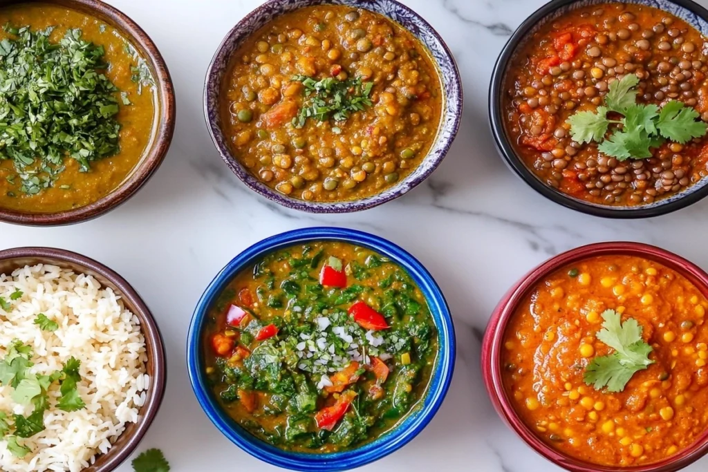 Various global lentil curry styles, including Indian, Middle Eastern, Caribbean, and Southeast Asian, served in colorful bowls.