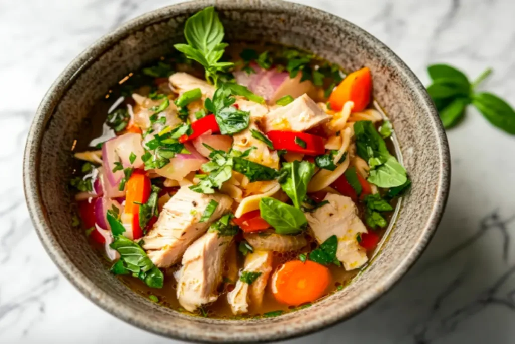 A steaming bowl of gluten-free chicken noodle soup with chicken, vegetables, and herbs.