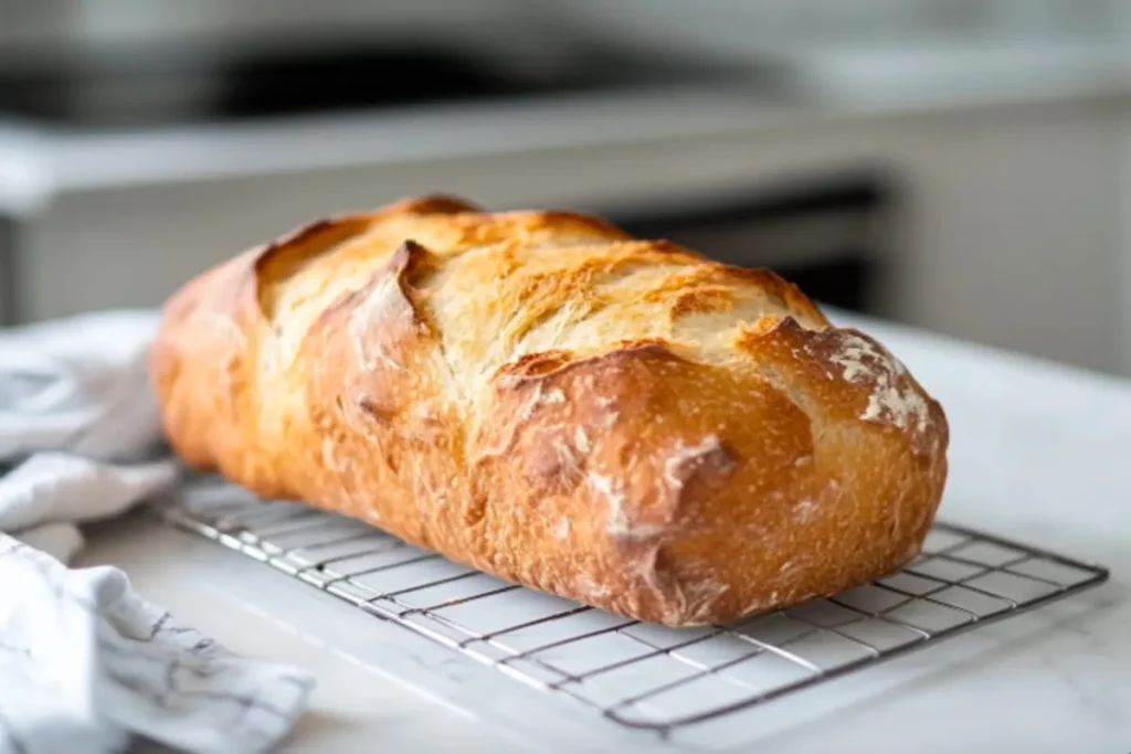 A loaf of gluten-free sourdough bread cooling on a wire rack. 