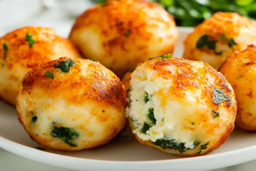 Cottage cheese egg bite with spinach and cheese.