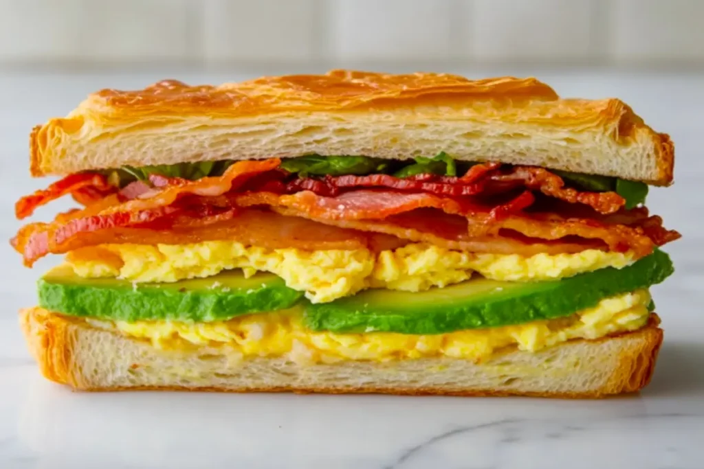 Gourmet sandwich made with rectangular croissant bread, layered with avocado, scrambled eggs, crispy bacon, and melted cheese.