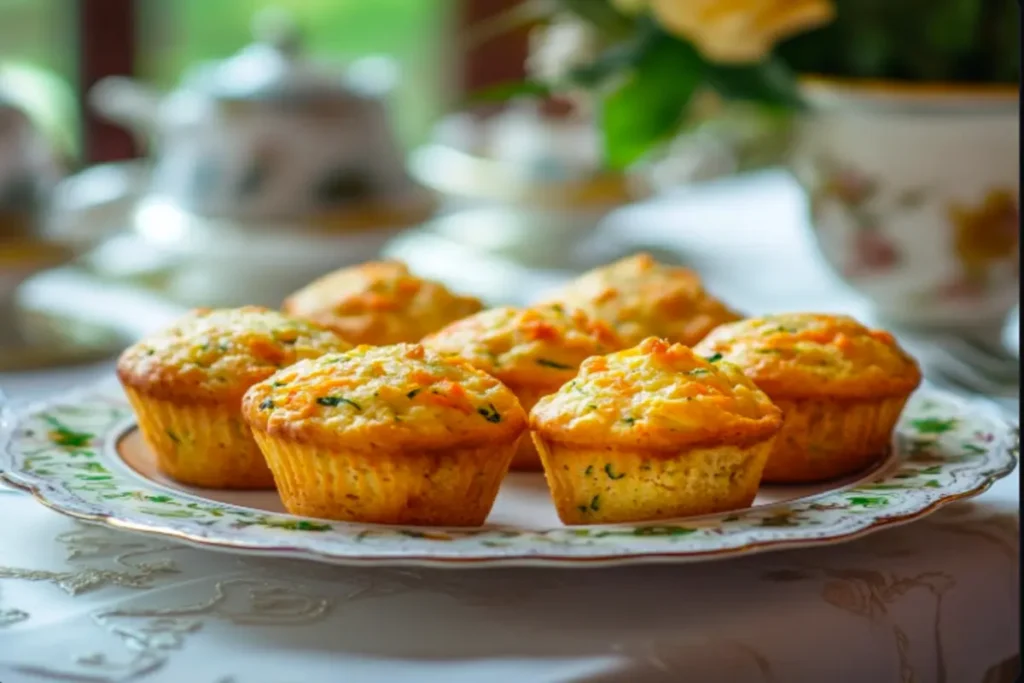 Elegantly served zucchini carrot muffins with powdered sugar and mint.