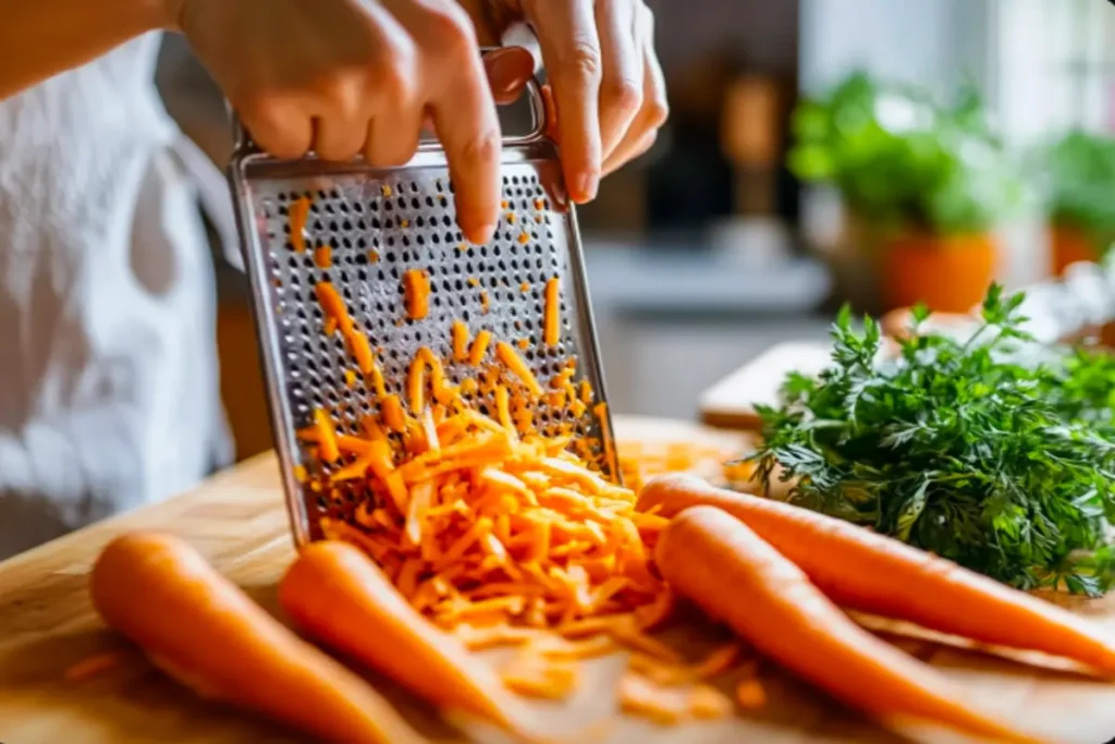 A person grating fresh carrots for a carrot salad in a bright kitchen