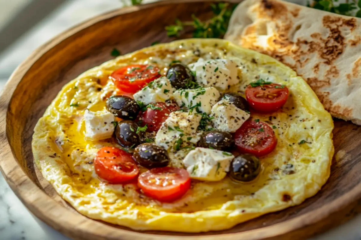 A beautifully plated Greek omelet with feta, tomatoes, and olives, garnished with fresh herbs on a rustic wooden table.